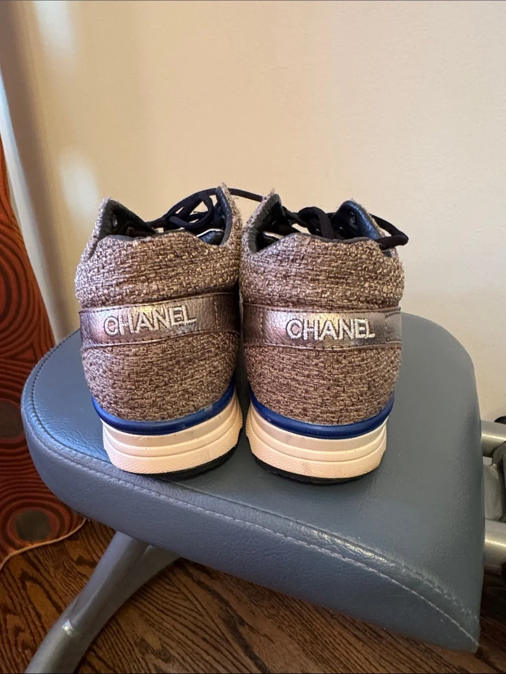 CHANEL Metallic bronze and Black leather and jacquard  Lace-Up Sneakers. Size 38